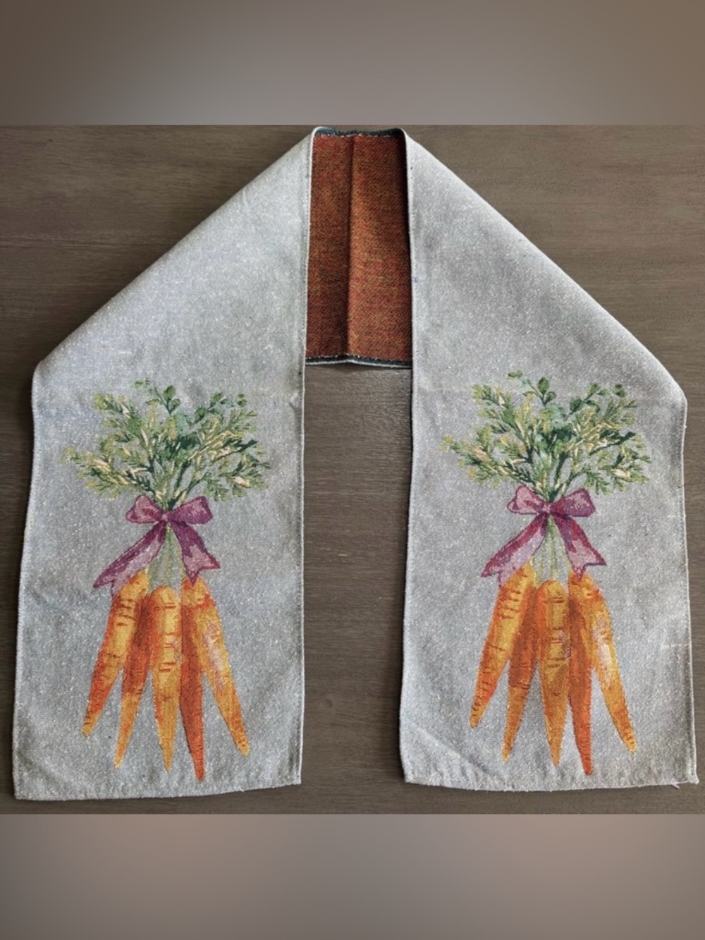 Vintage Table Runner Embroidered Tapestry Style With Carrots Bundle And Bow